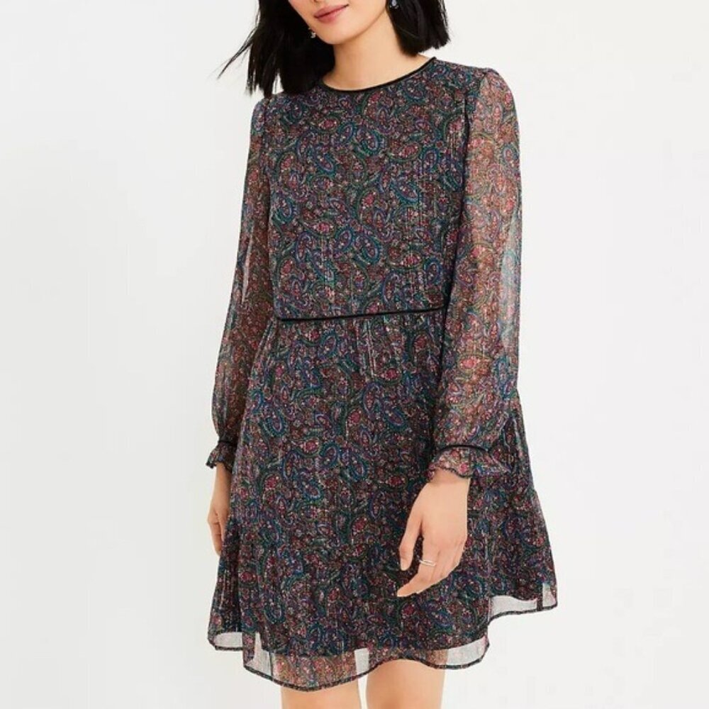 Loft Shimmer Paisley Romantic Peasant Velvet Trim Swing Dress Size Medium NWT